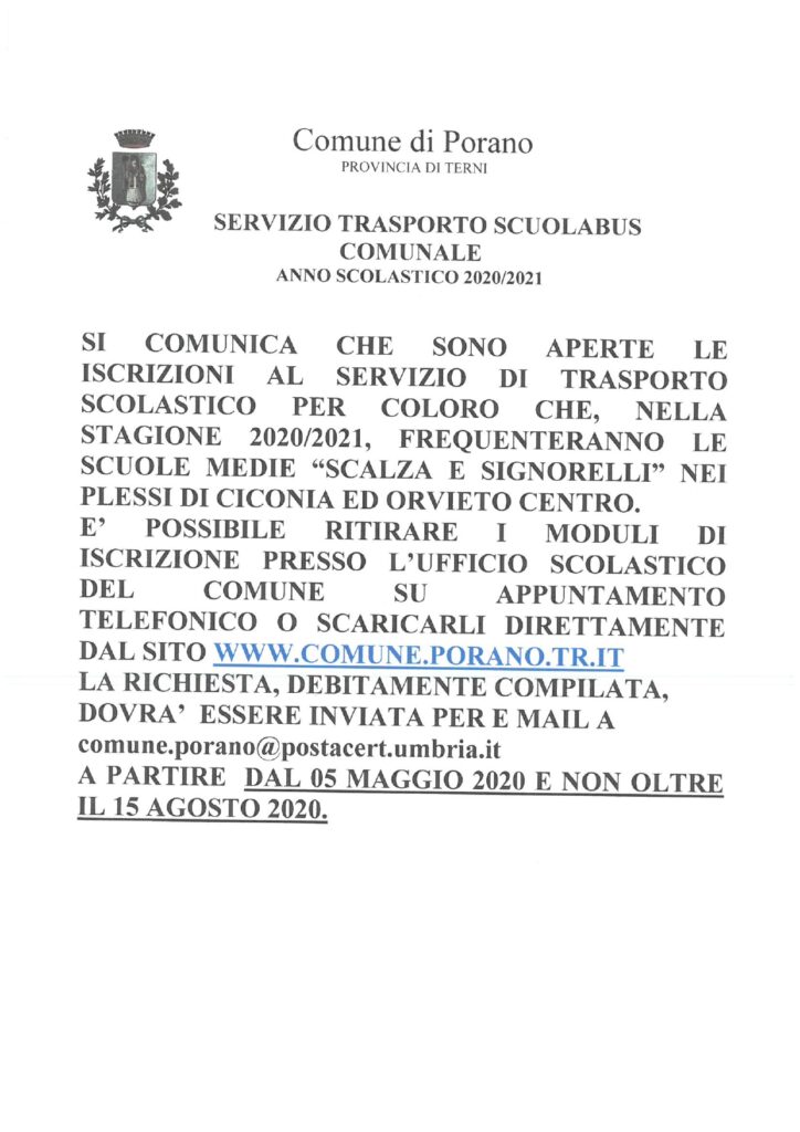 SERVIZIO TRASPORTO SCUOLABUS COMUNALE A.S. 2020/2021 – AVVISO