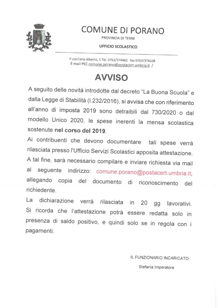 AVVISO INERENTE LA SPESA SCOLASTICA SOSTENUTA NELL’ANNO 2019